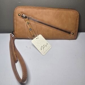 Free People Vegan Faux Leather Zip Around Wristlet Wallet Brown Studded NWT